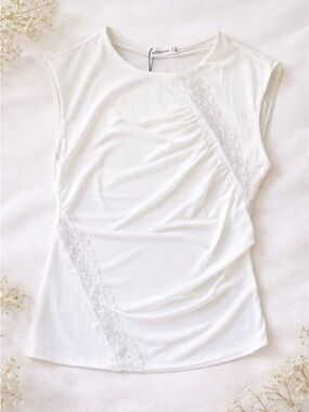 White Sleeveless Lace-Trim Top